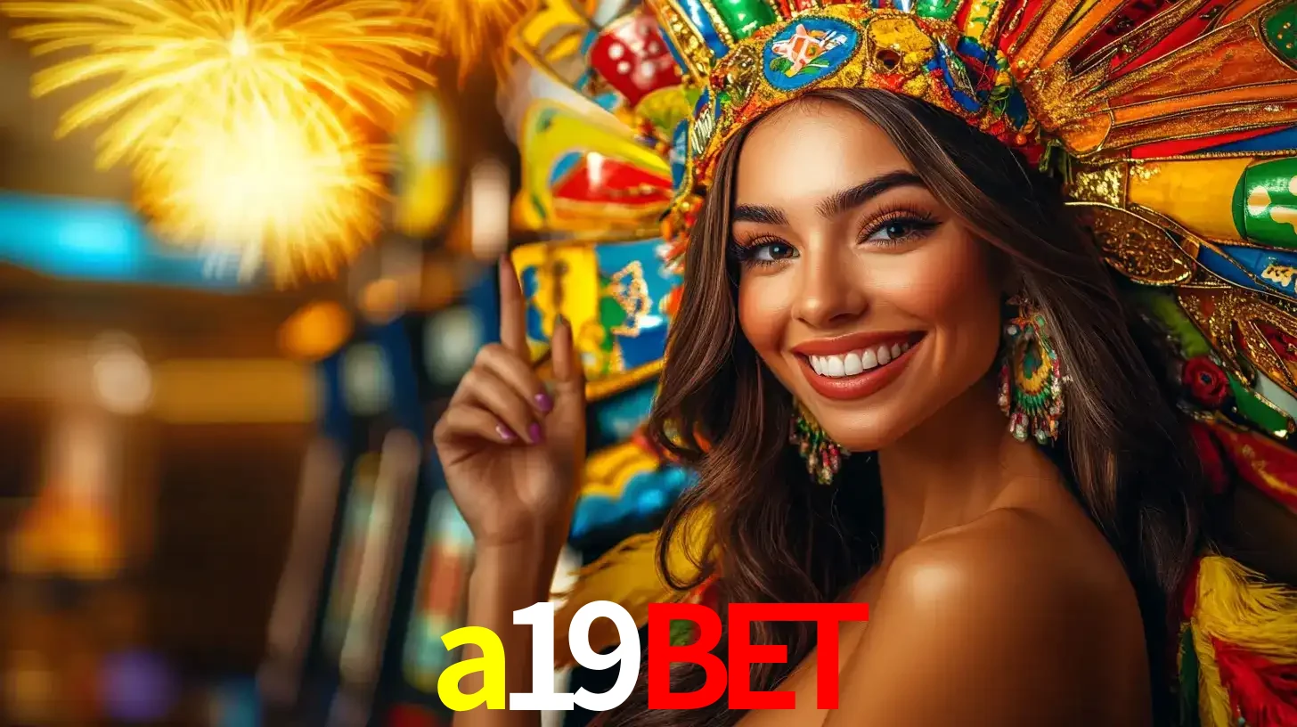 Mulher sorridente com um cocar de carnaval vibrante e colorido, celebrando uma grande vitória nos jogos do cassino a19bet com fogos de artifício ao fundo.