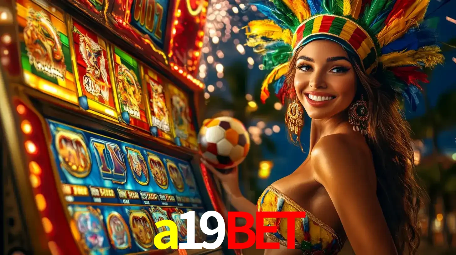 Mulher com um cocar de carnaval ao lado de uma máquina de caça-níqueis enquanto segura uma bola de futebol, mostrando a união da diversão de cassino e esportes no a19bet.