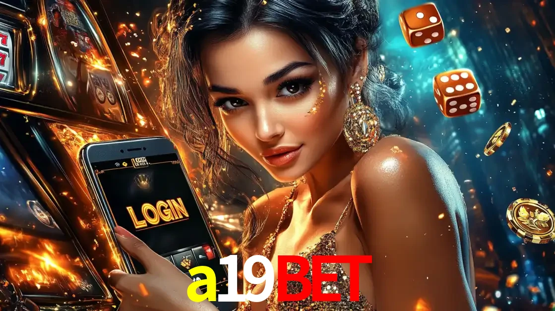 Mulher glamourosa segurando um celular com a tela de login do cassino a19bet, rodeada por dados e moedas douradas, pronta para começar a diversão.