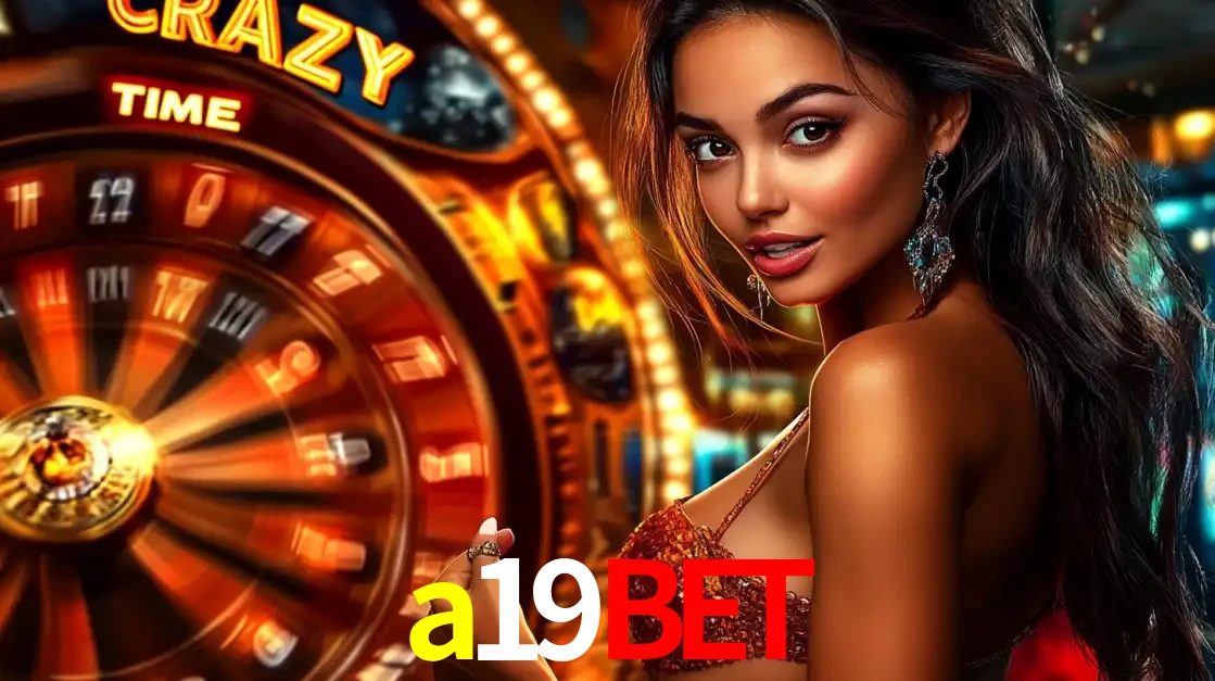 Mulher ao lado da roda de prêmios do jogo de cassino ao vivo Crazy Time, um dos shows de jogos mais emocionantes oferecidos pela plataforma de apostas a19bet.