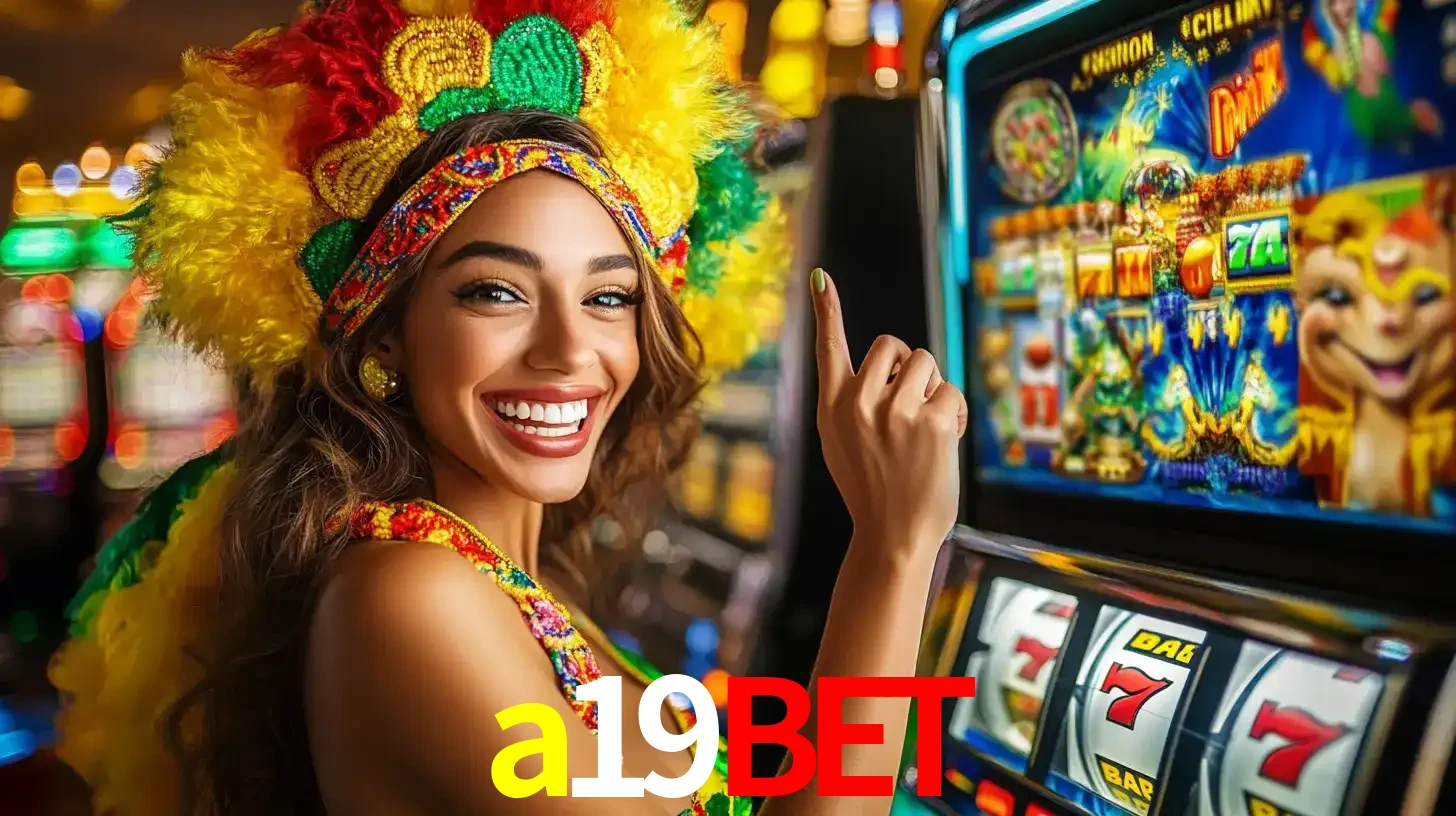 Mulher animada com um cocar de carnaval apontando para uma máquina de caça-níqueis, mostrando a emoção de ganhar um grande prêmio nos jogos do a19bet.