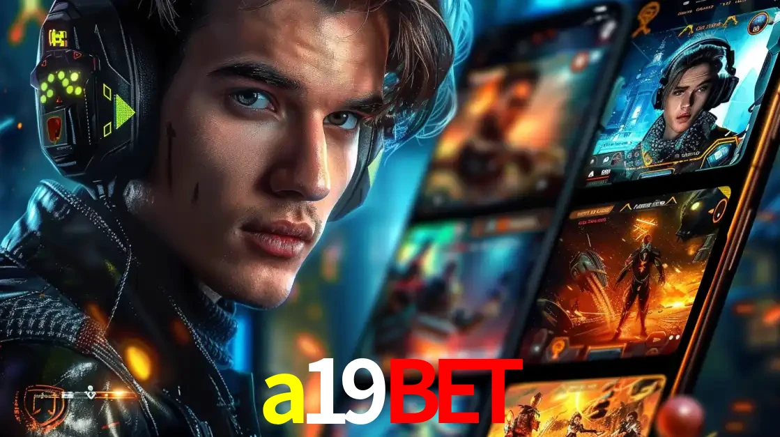 Jovem jogador com fones de ouvido olhando para a câmera, com um aplicativo de jogos e e-sports para celular ao fundo, pronto para a competição e apostas no a19bet.