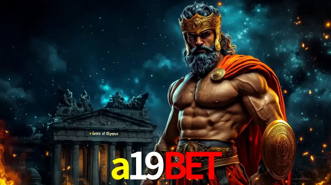O poderoso Zeus do jogo de slot Gates of Olympus em frente ao seu templo, pronto para lançar multiplicadores divinos e prêmios épicos no cassino online a19bet.