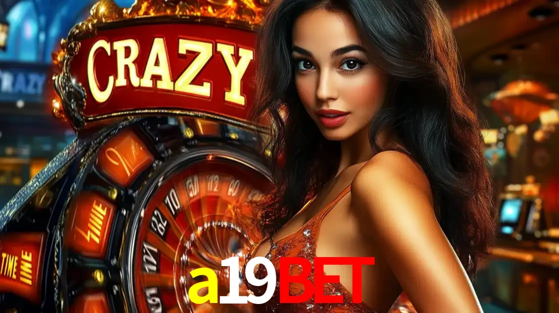 Mulher glamourosa olhando para a câmera com a roda vermelha do Crazy Time ao fundo em um ambiente de cassino, destacando a emoção dos jogos ao vivo no a19bet.