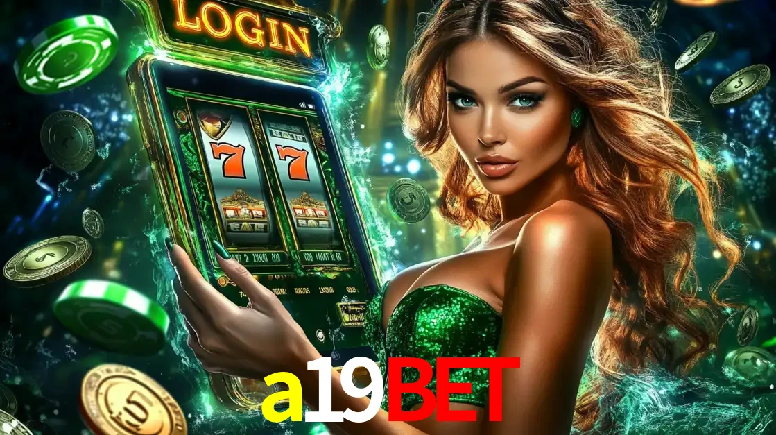 Mulher com tema verde apresentando o aplicativo do cassino a19bet com um jogo de slot de 777, cercada por fichas de cassino e uma aura de sorte.