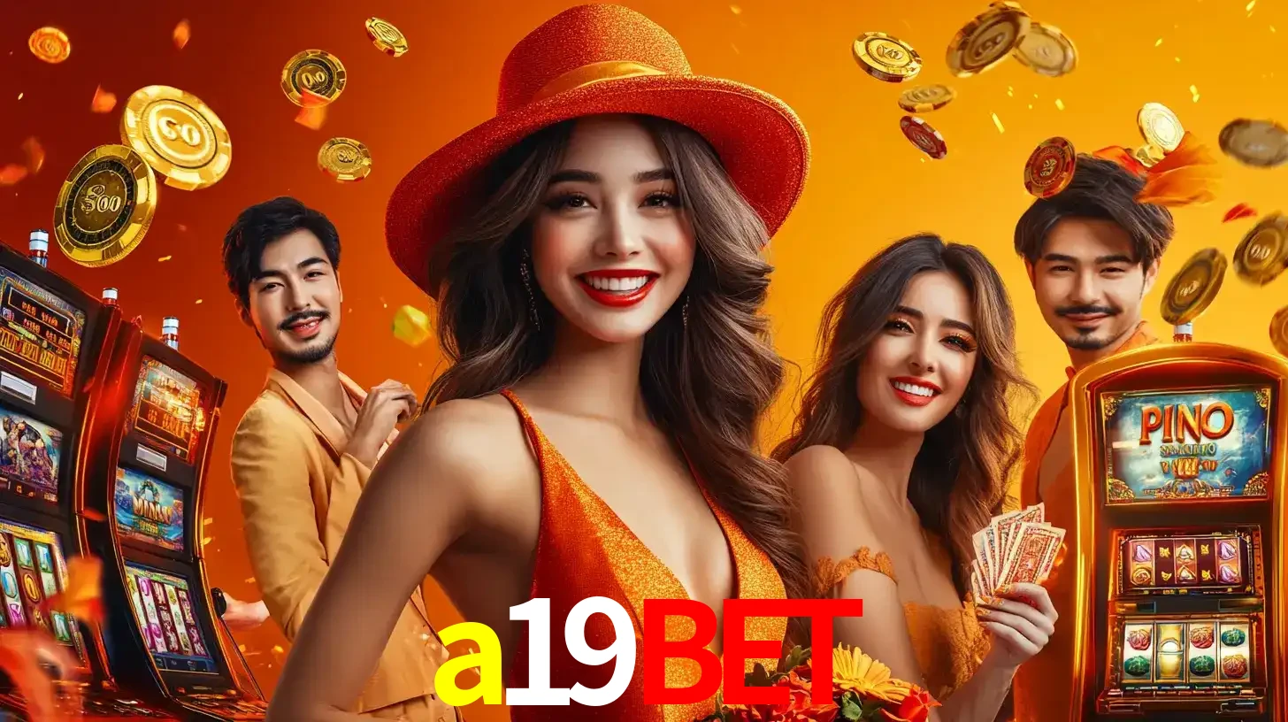 Grupo de amigos asiáticos sorrindo e se divertindo com máquinas de caça-níqueis em um ambiente festivo, celebrando suas vitórias nos jogos de cassino do a19bet.
