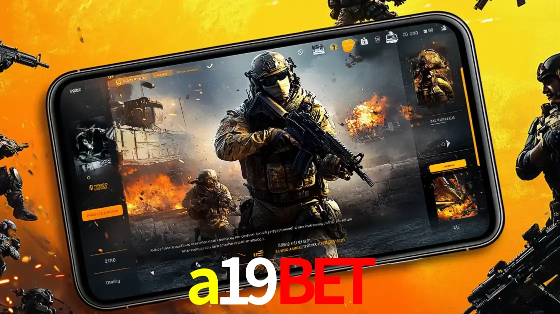 Um smartphone exibindo a interface de um jogo de tiro em primeira pessoa, com um soldado em um cenário de batalha, representando a ação dos e-sports para apostar no a19bet.