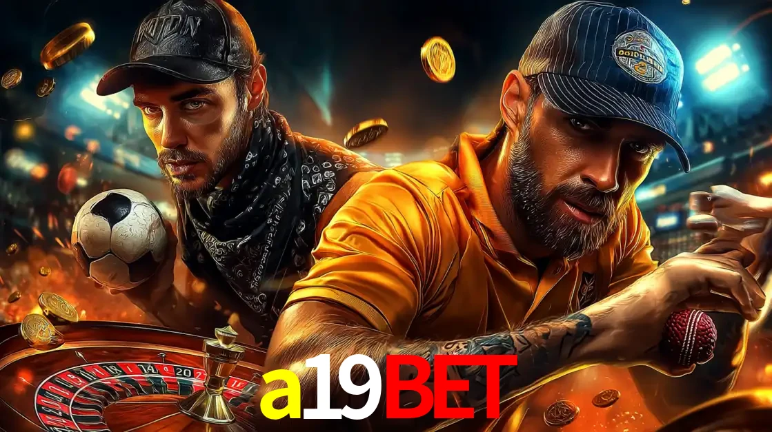 Montagem de apostas esportivas e cassino no a19bet, com um homem segurando uma bola de futebol e outro uma de beisebol sobre uma roleta e moedas voadoras.