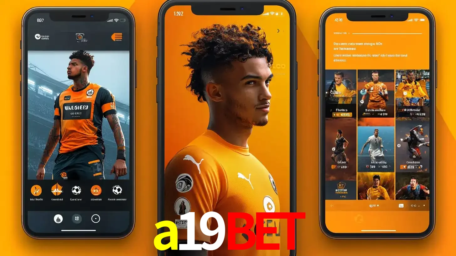 Interface do aplicativo de apostas esportivas a19bet em três telas de celular, mostrando o perfil de um jogador de futebol e a lista de jogos disponíveis para apostar.