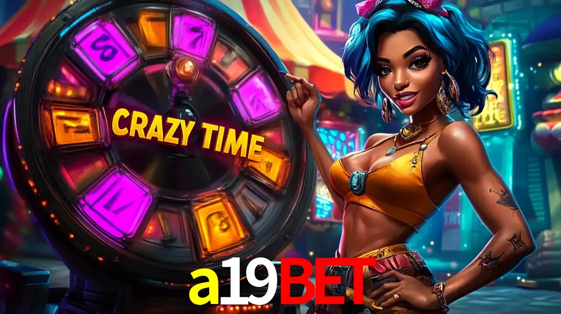 Mulher estilizada com cabelo azul e visual vibrante posando ao lado da roda de prêmios do game show Crazy Time, convidando para a diversão e os bônus do cassino a19bet.
