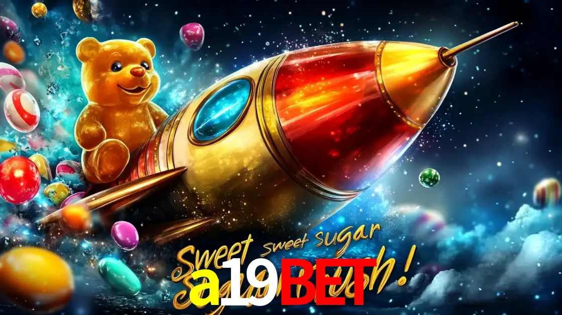 Arte promocional do jogo de slot Sugar Rush, com um urso de pelúcia em um foguete viajando pelo espaço de doces, um dos jogos divertidos disponíveis no cassino a19bet.