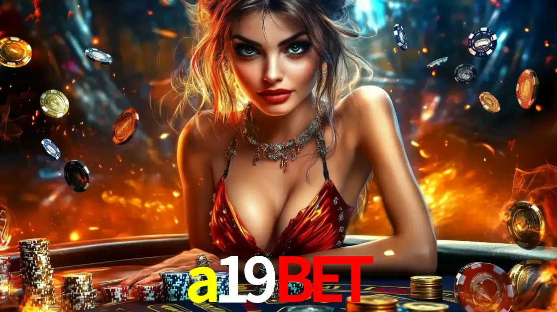 Mulher em uma mesa de cassino com pilhas de fichas e um fundo de fogo, pronta para uma rodada de altas apostas nos jogos de mesa emocionantes do cassino a19bet.