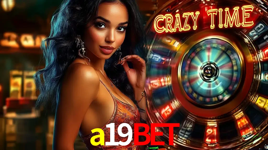 Mulher elegante ao lado da vibrante roda da fortuna do jogo de cassino ao vivo Crazy Time, um dos game shows mais populares e cheios de prêmios do a19bet.