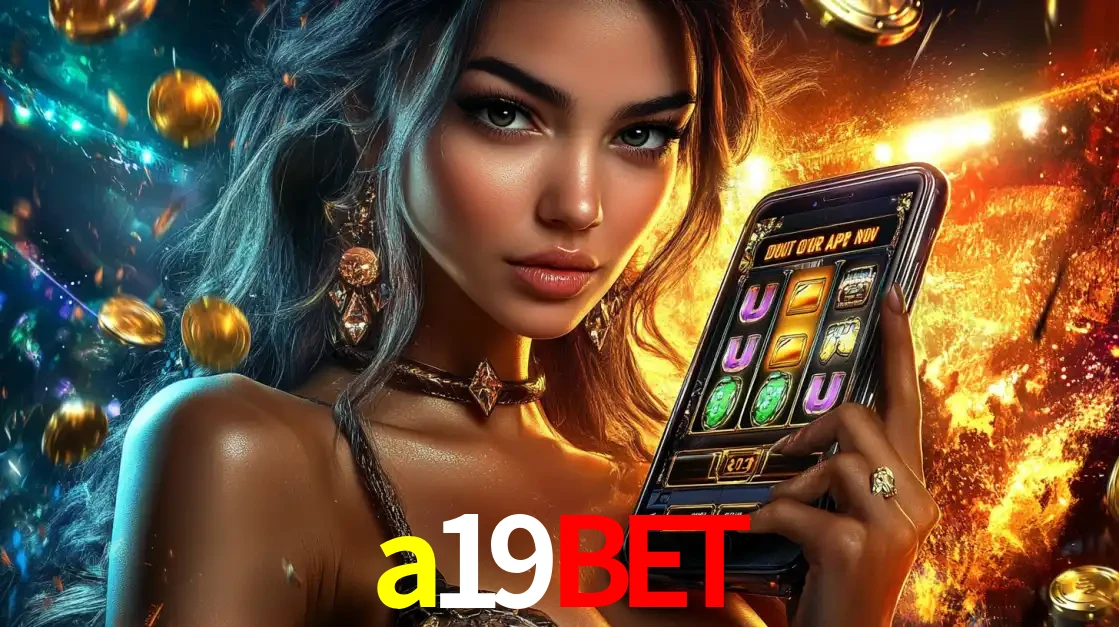 Mulher elegante mostrando um jogo de caça-níqueis em seu smartphone, destacando a experiência de cassino móvel oferecida pelo aplicativo a19bet.