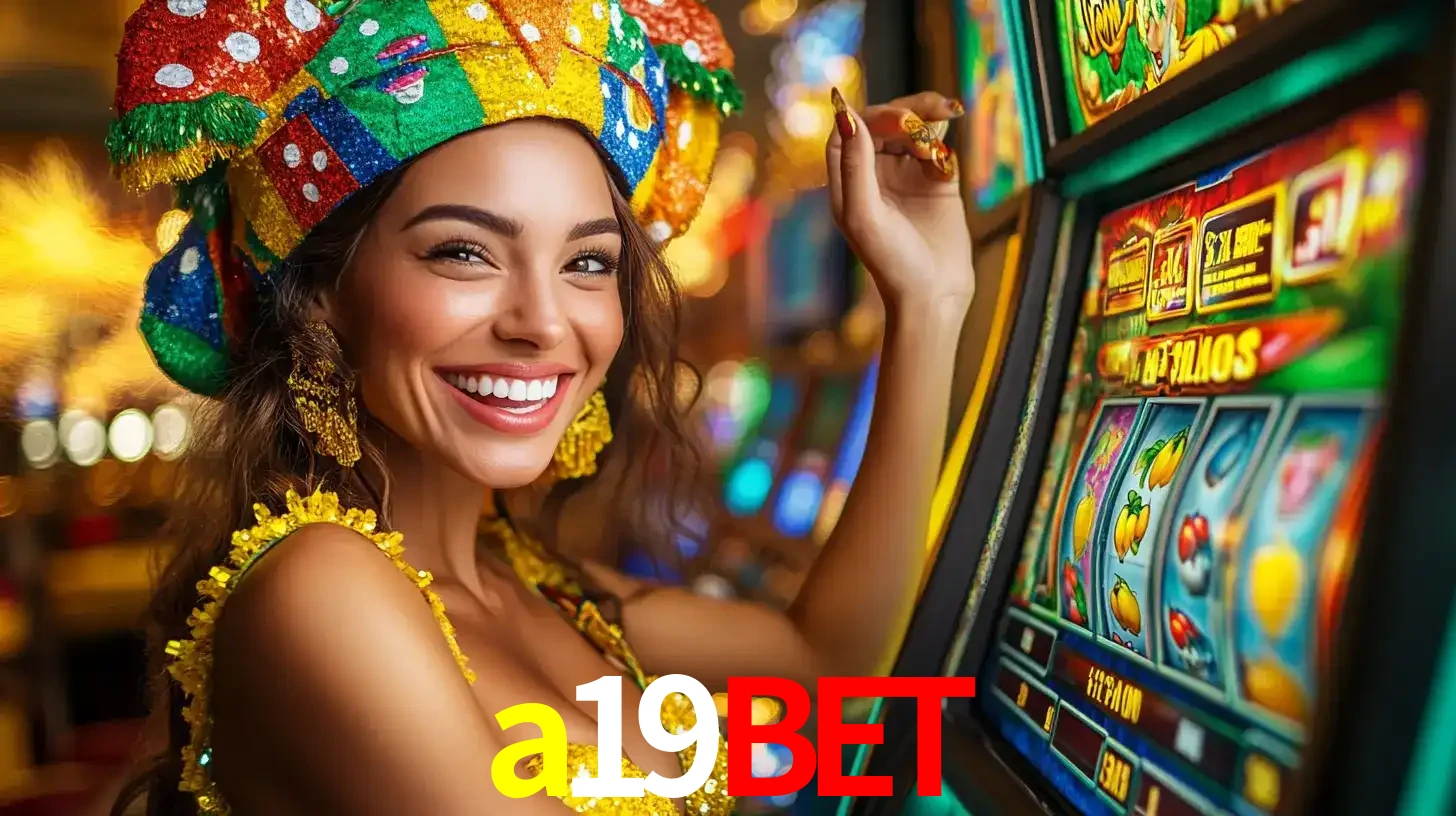 Mulher feliz com traje de carnaval amarelo e colorido ao lado de uma máquina de caça-níqueis, aproveitando a diversão e os jogos temáticos do cassino a19bet.