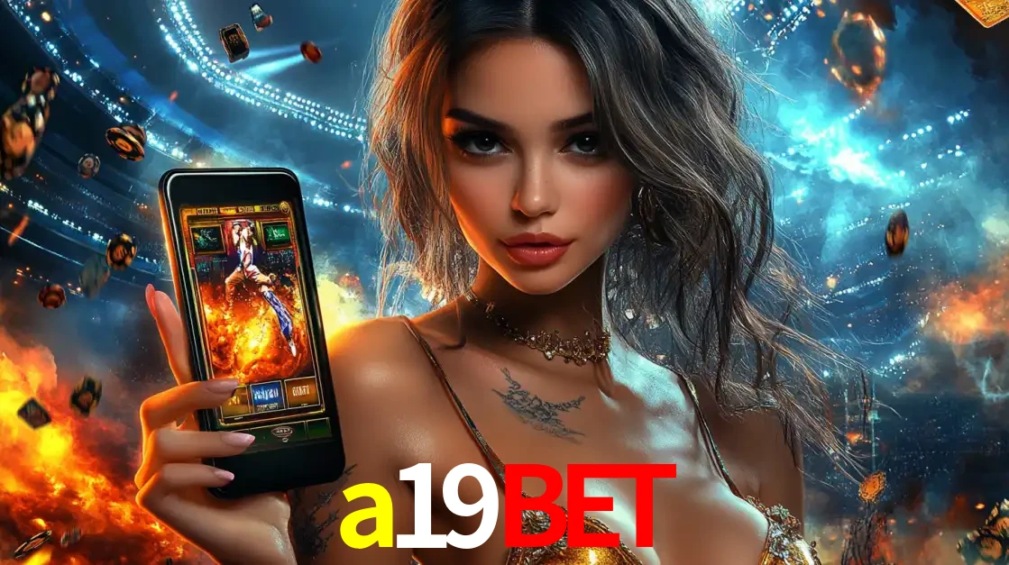 Mulher segurando um celular com um jogo de slot em destaque, tendo como fundo um estádio vibrante, simbolizando a emoção de jogar no cassino móvel a19bet.
