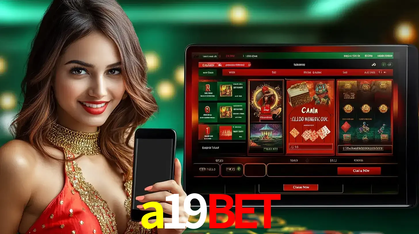 Mulher sorridente segurando um smartphone, ao lado de uma tela exibindo o lobby de jogos do cassino online a19bet, com várias opções de jogos de cartas e slots.